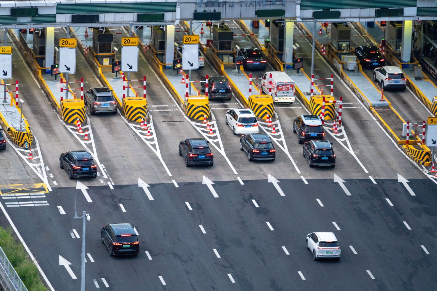 Aerial view of a multi-lane toll plaza